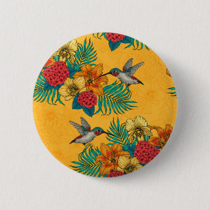 Hummingvogels en tropische bouquet, geel ronde button 5,7 cm
