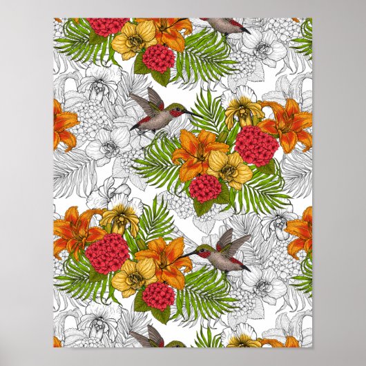 Hummingvogels en tropische bouquet poster (Voorkant)