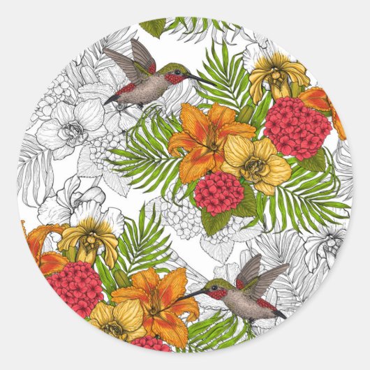 Hummingvogels en tropische bouquet ronde sticker (Voorkant)