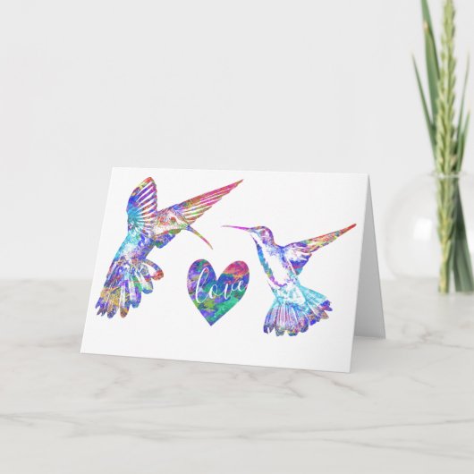 Hummingvogels en Waterverf Love Heart Wedding Kaart (Voorkant)