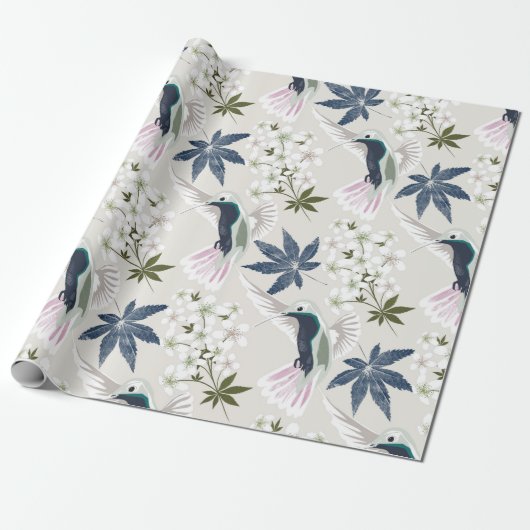 Hummingvogels en witte bloemen. cadeaupapier (Uitgerold)