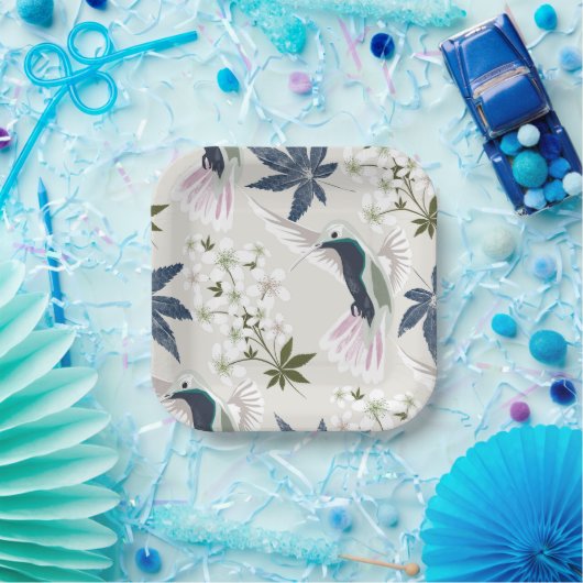 Hummingvogels en witte bloemen. papieren bordje (Feest)