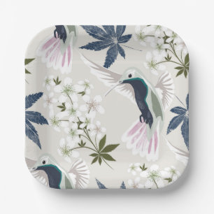 Hummingvogels en witte bloemen. papieren bordje