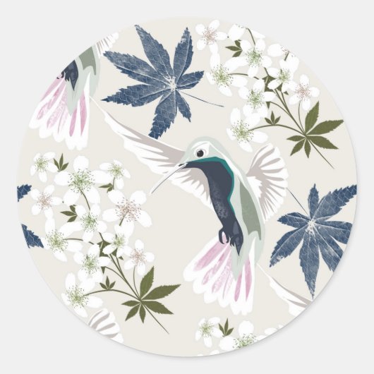 Hummingvogels en witte bloemen. ronde sticker (Voorkant)