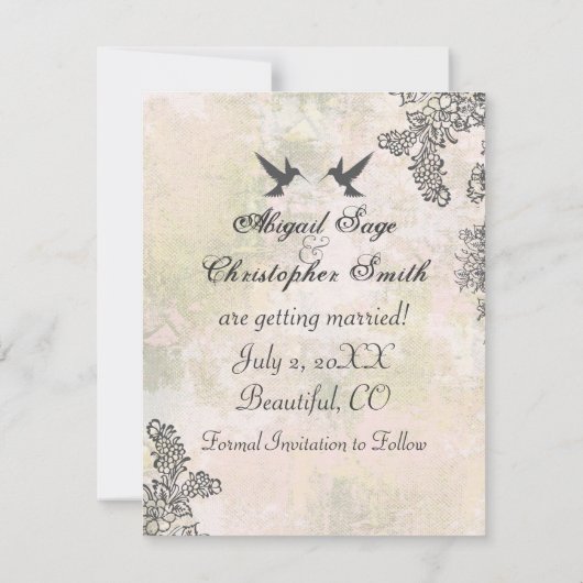 Hummingvogels Floral Sparen de DatumBericht van he Save The Date (Achterkant)