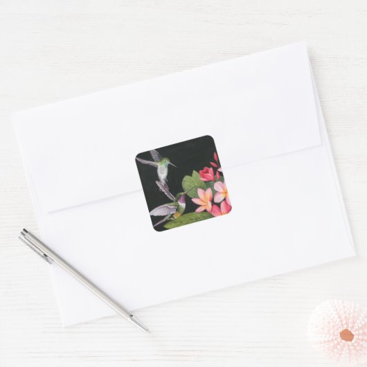 Hummingvogels in de Plumeria Vierkante Sticker (Envelop)