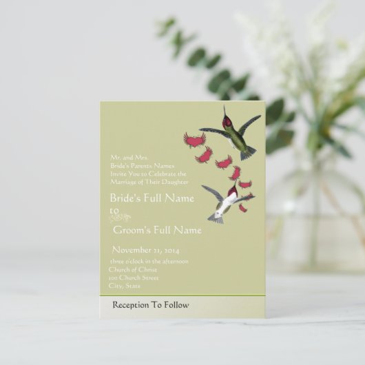 Hummingvogels Romantisch hart met vleugels Uitnodiging Briefkaart (Staand voorkant)