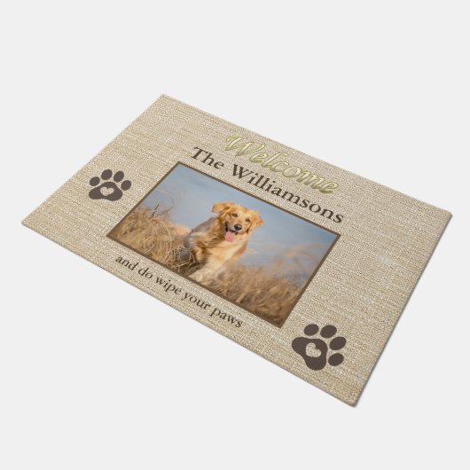 Humor Dog Photo Custom Burlap Textuur Welkom Deurmat (Schuin)