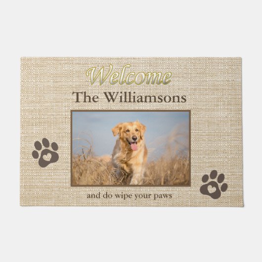 Humor Dog Photo Custom Burlap Textuur Welkom Deurmat (Voorkant)
