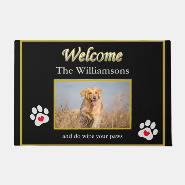 Humor Dog Photo Custom Zwart Goud Welkom Deurmat (Voorkant)