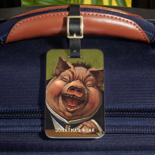  Humor, Funny Victoriaans Pig Laughing Bagagelabel (Voorkant Insitu 2)