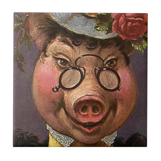 Humor, Gekke en grappig Victoriaans Lady Pig Tegeltje (Voorkant)