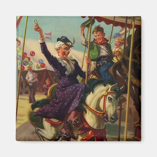  Humor, oma op een Merry-Go-Round Horse Magneet (Voorkant)