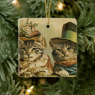 Humor, Victoriaans Bride Groom Katten in Petten Keramisch Ornament