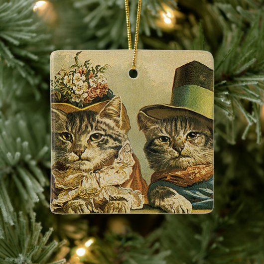  Humor, Victoriaans Bride Groom Katten in Petten Keramisch Ornament (Boom)