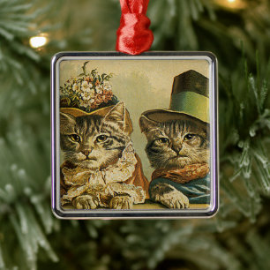 Humor, Victoriaans Bride Groom Katten in Petten Metalen Ornament