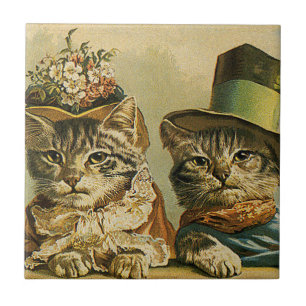 Humor, Victoriaans Bride Groom Katten in Petten Tegeltje
