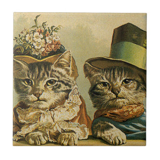 Humor, Victoriaans Bride Groom Katten in Petten Tegeltje
