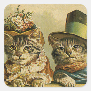 Humor, Victoriaans Bride Groom Katten in Petten Vierkante Sticker