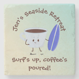 Humorische koffie surfer met surfbordnaam stenen onderzetter