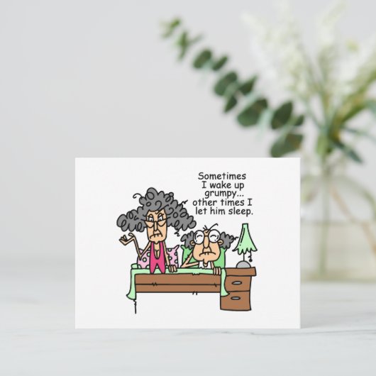 Humoristisch laat chagrijnig slapen briefkaart (Staand voorkant)