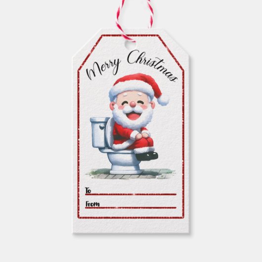 Humoristisch label met kerstman op een wc cadeaulabel (Voorkant)