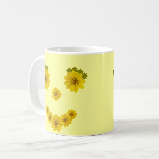 Humoristisch zonneschijn geel bloemen glimlach gez koffiemok (Voorkant links)