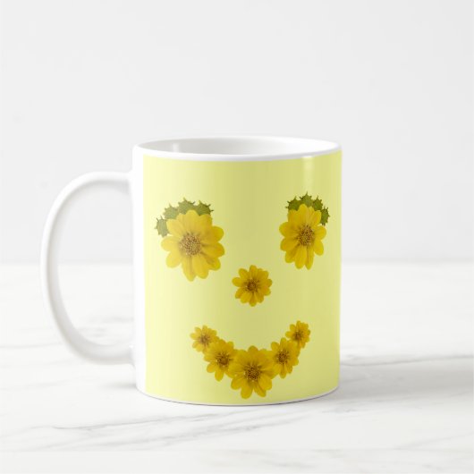 Humoristisch zonneschijn geel bloemen glimlach gez koffiemok (Links)