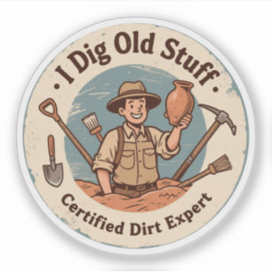 Humoristische archeoloog graaft kunst op sticker