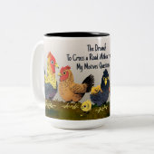 Humoristische Cartoon Chicken Funny Phrase Tweekleurige Koffiemok (Voorkant links)