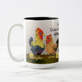 Humoristische Cartoon Chicken Funny Phrase Tweekleurige Koffiemok (Links)