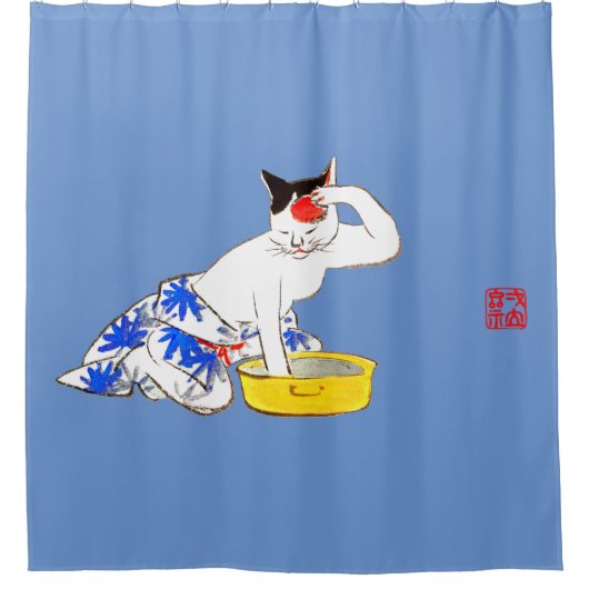 Humoristische Japanse Kat Bathing I Douchegordijn (Voorkant)