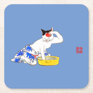 Humoristische Japanse Kat Bathing I Kartonnen Onderzetters