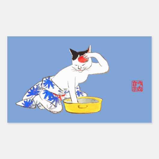 Humoristische Japanse Kat Bathing I Rechthoekige Sticker (Voorkant)