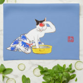 Humoristische Japanse Kat Bathing I Theedoek (Gevouwen)