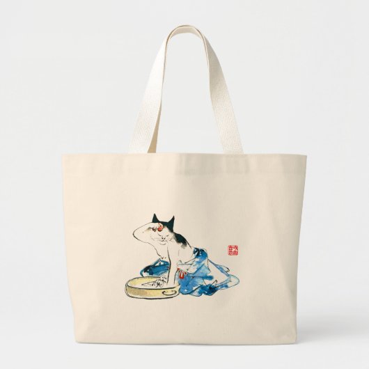 Humoristische Japanse Kat Bathing II Grote Tote Bag (Voorkant)
