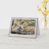 Humoristische nostalgische kaart - vliegvissen met (Gele Bloem)