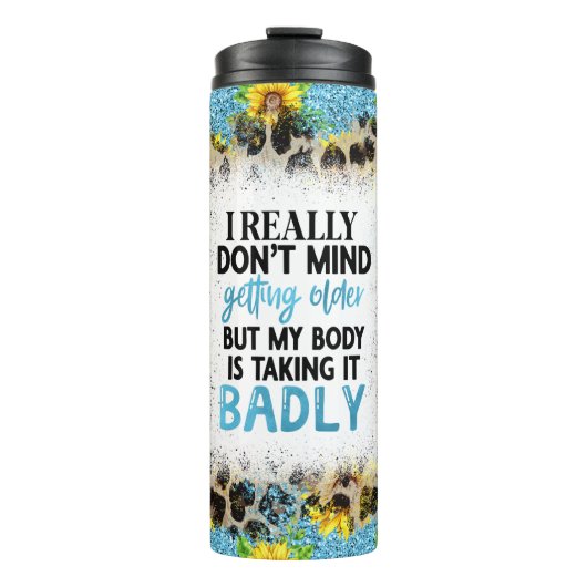 Humoristische quote over veroudering met luipaardp thermosbeker (Voorkant)