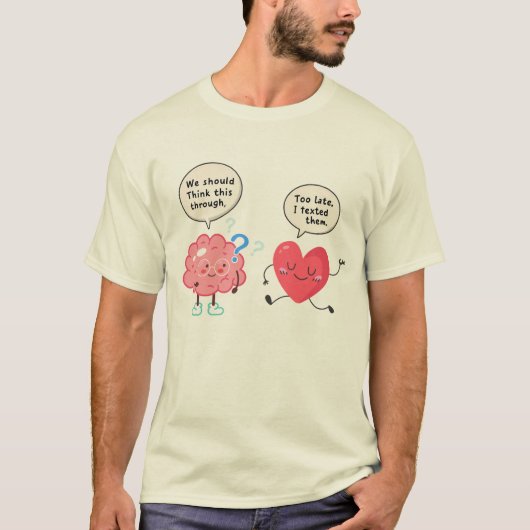 Humorous Brain vs Heart Cartoon, Overthinker Humor T-shirt (Voorkant)