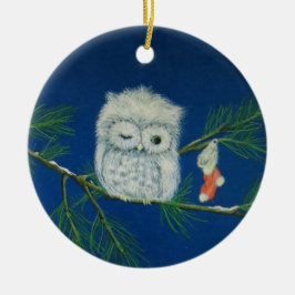 Humorous owl keeping an eye on Christmas stocking Keramisch Ornament