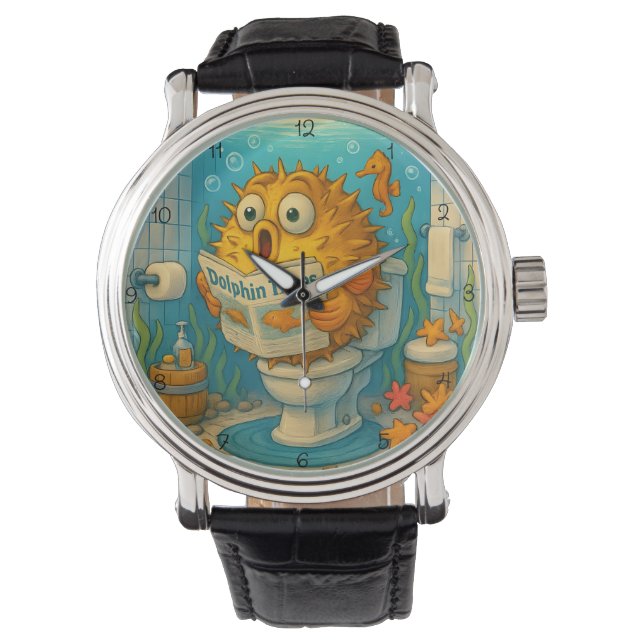 Humorous Pufferfish  Reading in an Aquatic-Themed  Horloge (Voorkant)