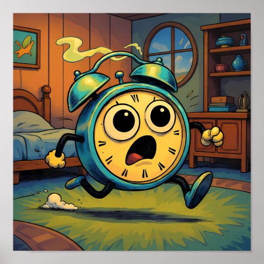 Humorous Retro Art: Ablaze Running Alarm Clock Poster (Voorkant)