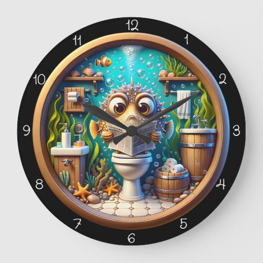 Humorous Whimsical Pufferfish Bathroom Clock Grote Klok (Voorkant)