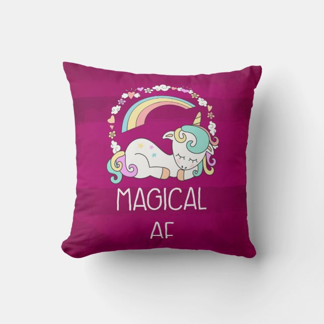 Humoureus Unicorn Magical AF op het donkere Rode P Kussen (Voorkant)