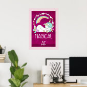 Humoureus Unicorn Magical AF op het roze Rode Patt Poster (Thuiskantoor)