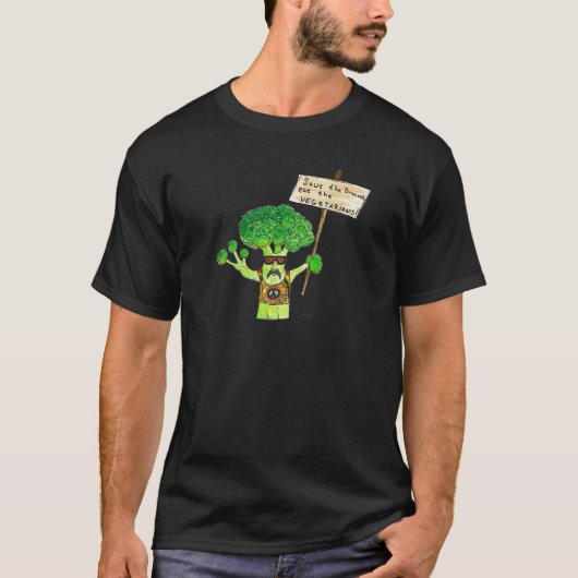 Humoureuze broccoli-activist t-shirt (Voorkant)