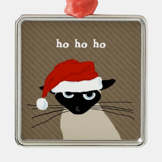 Humoureuze Siamese kat Ho Ho | Funny Santa Kat Metalen Ornament (Voorkant)