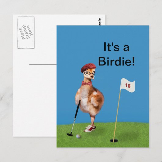 Humoureuze vogel die Golf speelt, tekst Briefkaart (Voorkant / Achterkant)
