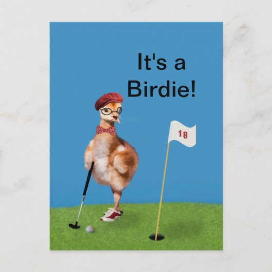 Humoureuze vogel die Golf speelt,  tekst Briefkaart (Voorkant)