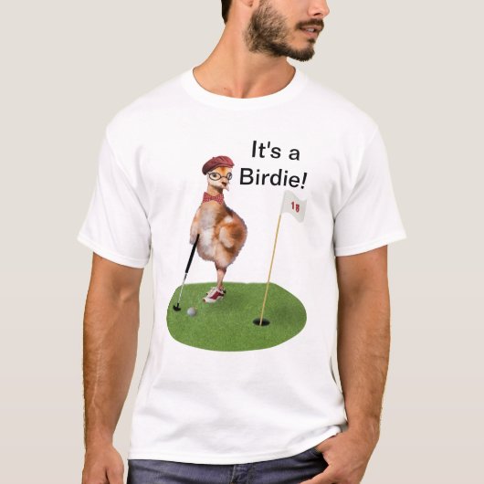 Humoureuze vogel die Golf speelt,  tekst T-shirt (Voorkant)